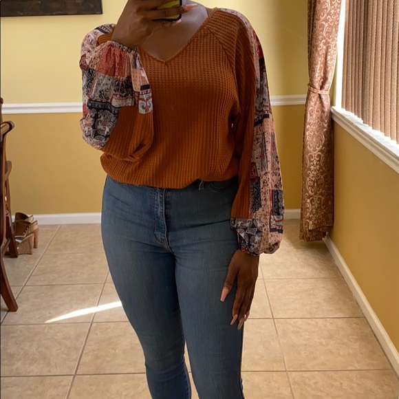 Long Sleeve Rust Sweater W/ Multi Color Sleeve - Picture 5 of 5